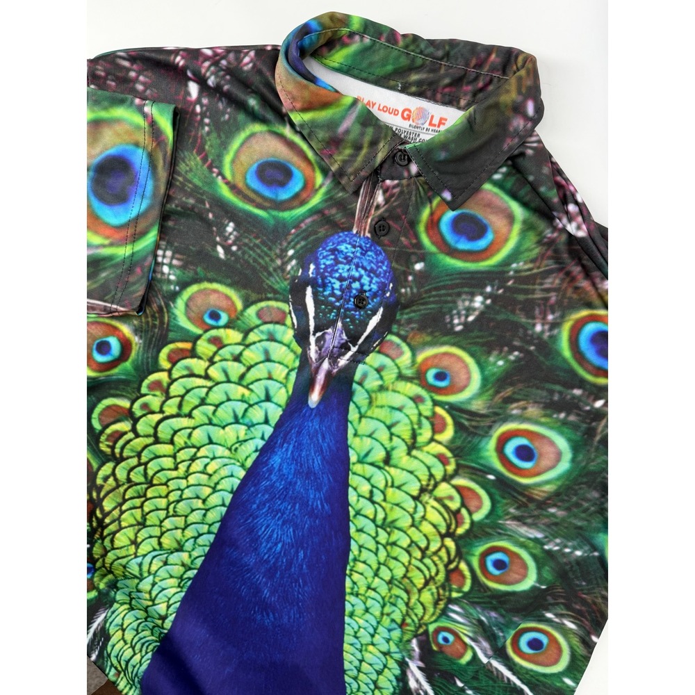 Play Loud Golf Mens Large Peacock Print Performance Polo‎ Shirt Multicolor Bird